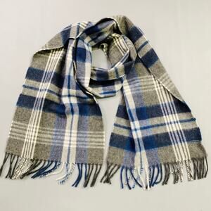 NO BRAND Blue Grey Plaid Lambswool Cashmere Fringe Scarf